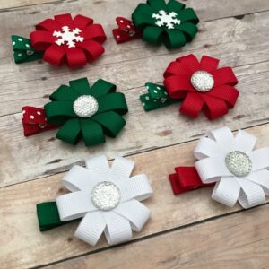 Hair clip with an eight-petal flower made of festive red and green satin ribbons