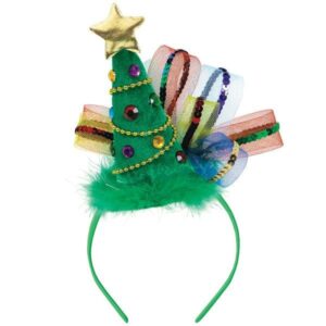Christmas headband with a 3D non-woven fabric tree and colorful satin ribbons