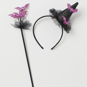 Halloween bat-themed set with a purple fairy wand and matching bat headband hat, perfect for dress-up and party looks.
