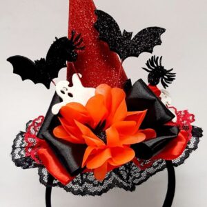 Halloween headband with a mini witch hat decorated with bats, ghosts, satin flowers and lace