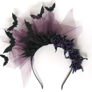 Halloween headband with dark purple mesh, black roses, and bat decorations for a spooky gothic look.
