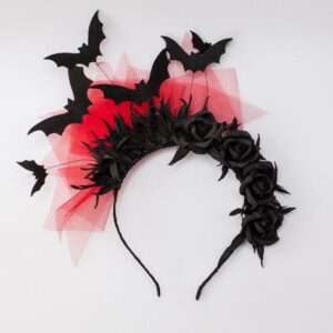 Halloween headband with black bat wings, dark roses, and mesh veil, perfect for spooky costume looks.