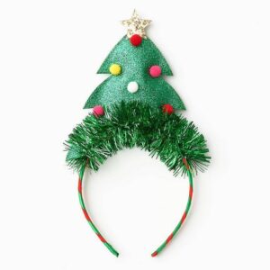 estive green headband shaped like a Christmas tree with tinsel and colorful pom-poms