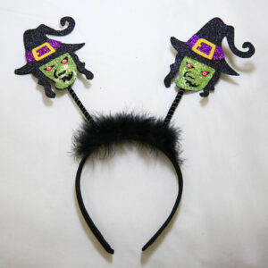 Black witch headband with springs and feather accents for Halloween