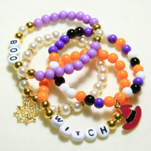 Witch-themed alphabet bead bracelets with Halloween charm