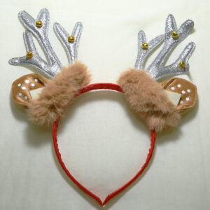 Silver tinsel reindeer antler headband with small bells and fluffy accents