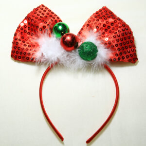Headband with red oversized bow and feather accents